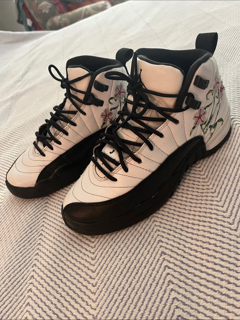 Nike Jordan White and Black Sneakers with Pink Floral Embroidery Womens size 7